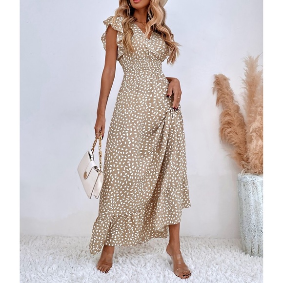 Neutral Tan White Spot Print Ruffle Shirred Maxi Dress - Picture 3 of 6